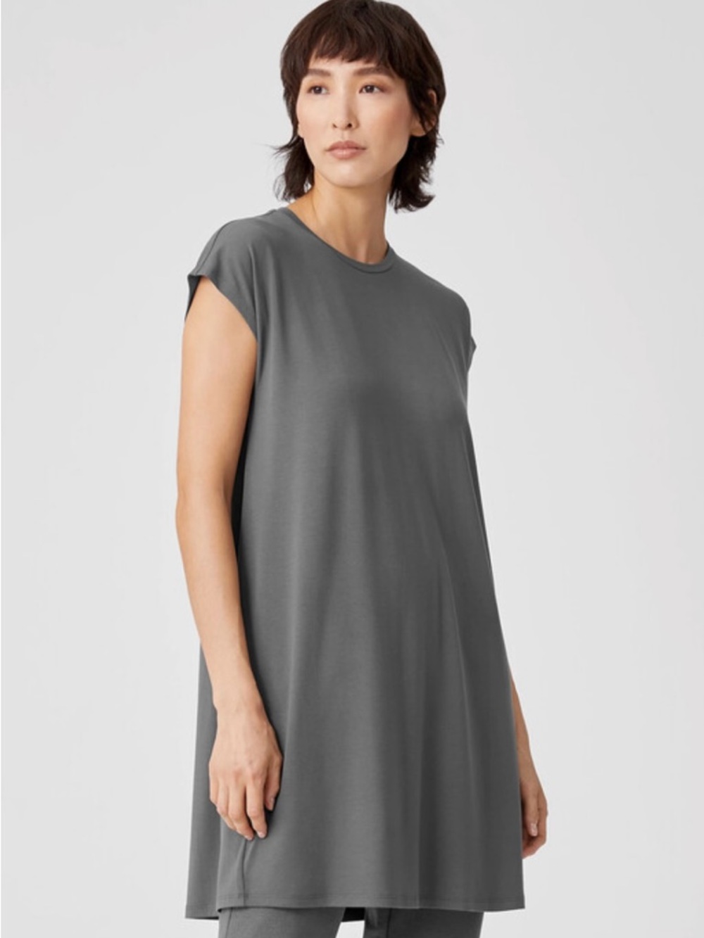 Eileen Fisher Grey Soft Stretchy Oversized Relaxed Fit Tencel Jersey Tunic Dress